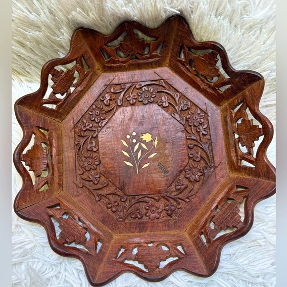 BOHO Indian carved inlay teak wood trey-Loving Coastal Living hand carved 1940. - Picture 1 of 7